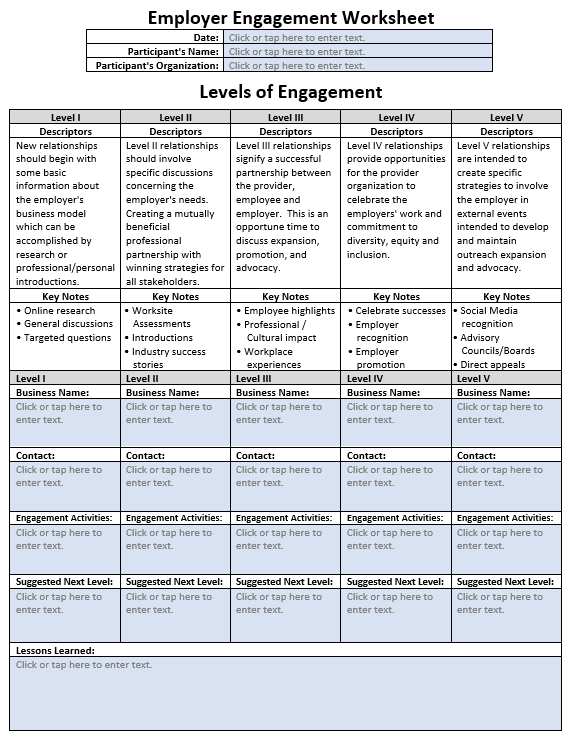 An image of the Employer Engagement Worksheet